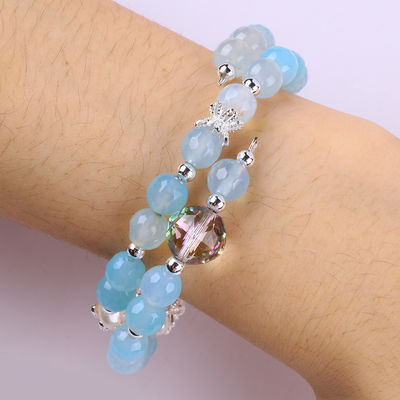 8MM Multifaced Blue Agate รูปทรงกลมข้อมือและน้ําหวานสีขาว Pearl ปรับข้อมือ
