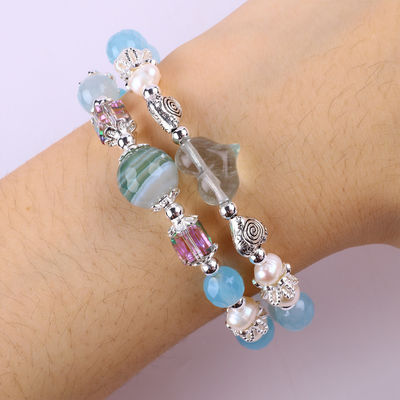 8MM Multifaced Blue Agate รูปทรงกลมข้อมือและน้ําหวานสีขาว Pearl ปรับข้อมือ
