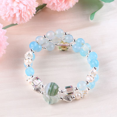 8MM Multifaced Blue Agate รูปทรงกลมข้อมือและน้ําหวานสีขาว Pearl ปรับข้อมือ