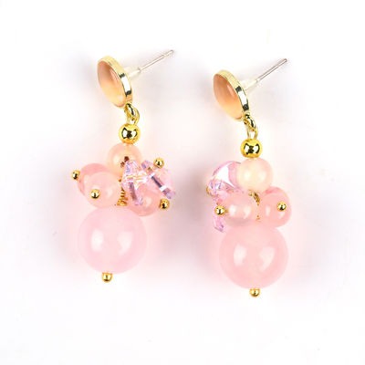 สีชมพูหินคริสตัลคาลซิโดเนีย สีพิเศษ DIY วงกลม Pendant วงกลม Stud Earrings สําหรับสวมทุกวัน