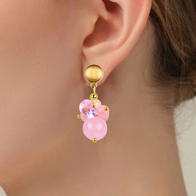 สีชมพูหินคริสตัลคาลซิโดเนีย สีพิเศษ DIY วงกลม Pendant วงกลม Stud Earrings สําหรับสวมทุกวัน