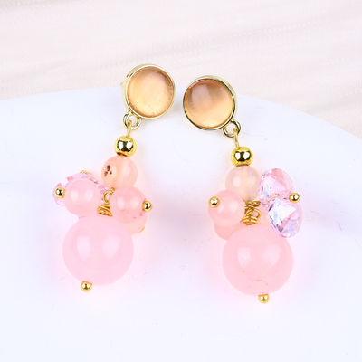 สีชมพูหินคริสตัลคาลซิโดเนีย สีพิเศษ DIY วงกลม Pendant วงกลม Stud Earrings สําหรับสวมทุกวัน