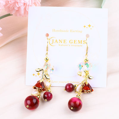 10MM 8MM สีชมพู สีแดง ตาเสือ คริสตัลและเพชรสีขาว ด้วยดอกไม้ชมพู Dangle หูหูยาวสําหรับงานเลี้ยงและสวมทุกวัน