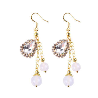 10MM 8MM สีขาวคริสตัลธรรมชาติ Agate กับกระจ่างกระจ่าง Teardrop Charm Dangle วงหูข้อมูลกระสุน