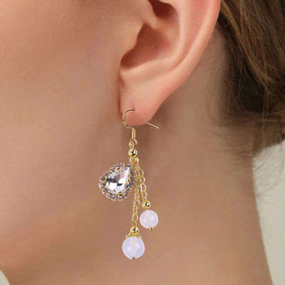10MM 8MM สีขาวคริสตัลธรรมชาติ Agate กับกระจ่างกระจ่าง Teardrop Charm Dangle วงหูข้อมูลกระสุน