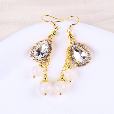 10MM 8MM สีขาวคริสตัลธรรมชาติ Agate กับกระจ่างกระจ่าง Teardrop Charm Dangle วงหูข้อมูลกระสุน