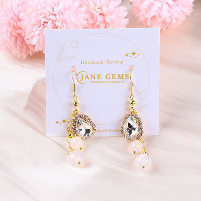 10MM 8MM สีขาวคริสตัลธรรมชาติ Agate กับกระจ่างกระจ่าง Teardrop Charm Dangle วงหูข้อมูลกระสุน
