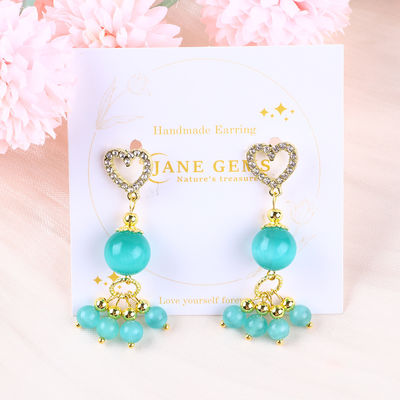 มือ 6MM 12MM สีเขียว ตาแมวหินแท้ With Heart Stud Dangle กล่องสําหรับการให้ของขวัญ