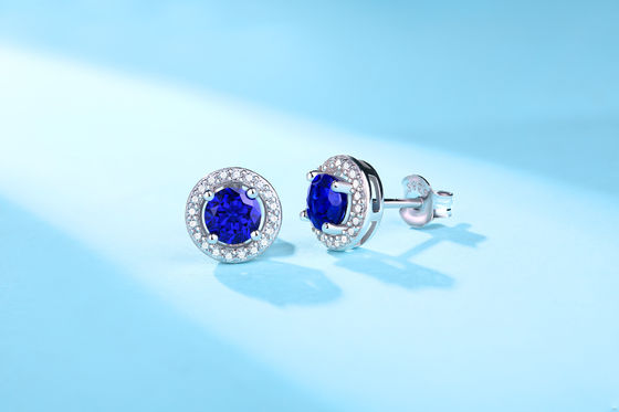 สีฟ้า 925 สตอร์ลิง เงิน Zircon กลม หินแท้ หูหูสําหรับการให้ของขวัญ
