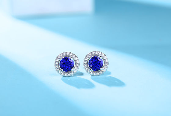 สีฟ้า 925 สตอร์ลิง เงิน Zircon กลม หินแท้ หูหูสําหรับการให้ของขวัญ